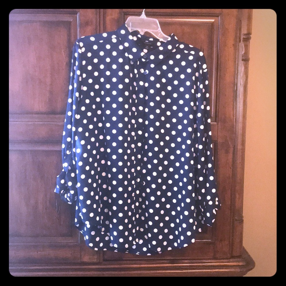Navy polka dot button down